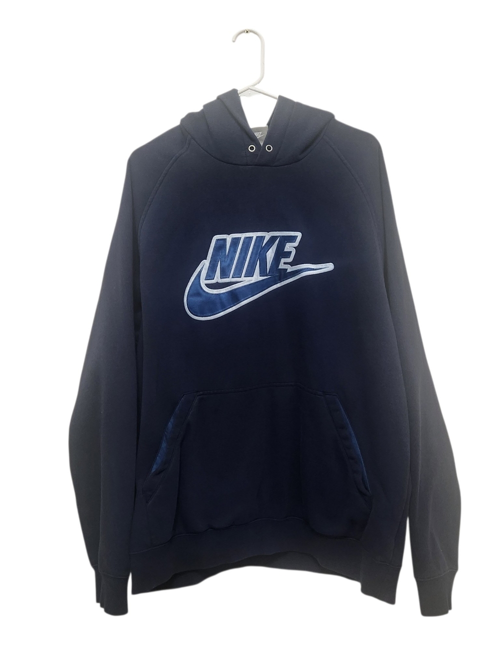 VTG Y2K Nike Center Swoosh Hoodie Sweatshirt XL Blue Spellout Logo Silver Tag